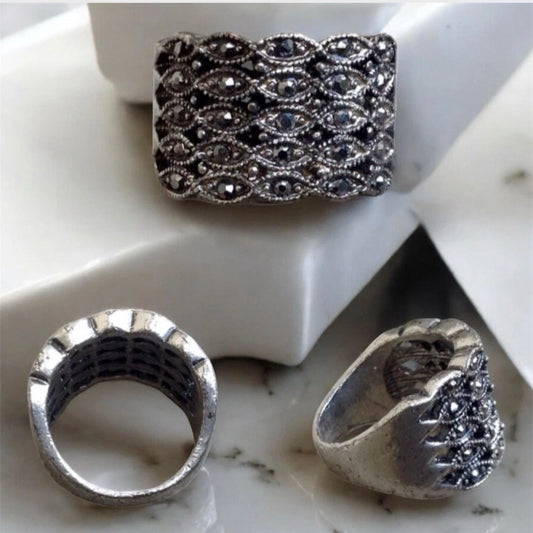 Art Deco Gunmetal Rhinestone Ring - Vintage Style Rustic Wide Band Ring- Unpolished