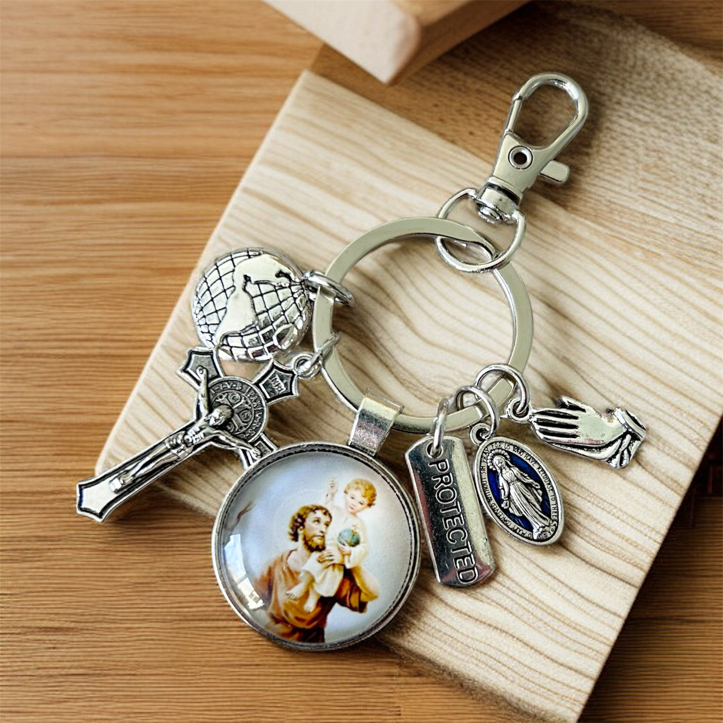 St Christopher Keychain Catholic Car Charm | Religious Keyring with Crucifix, Miraculous Medal & Protection Charm | Travel Blessing Gift