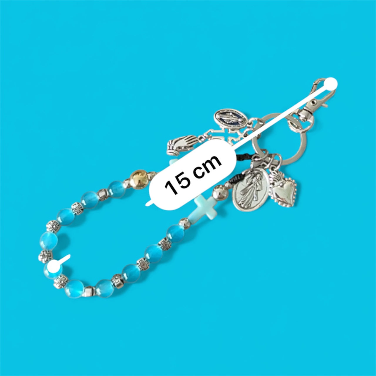 Sacred Heart of Jesus One Decade Rosary Keychain ā Blue Glass Prayer Beads for Car & Travel