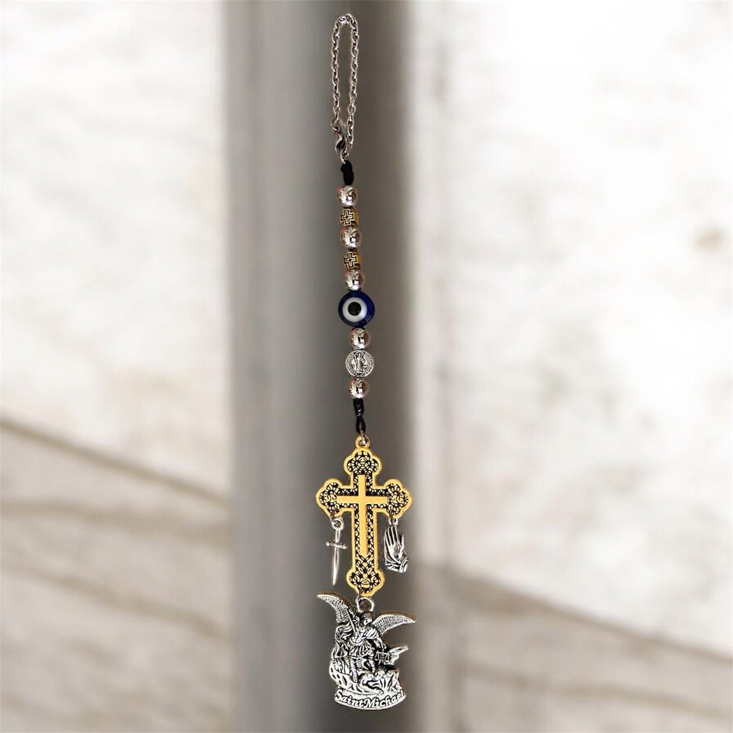 Saint Michael & Evil Eye Protection Car Charm - Gold Color Cross, Sword, & Praying Hands Mirror Hanger