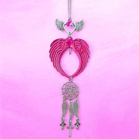 Pink Angel Wing Car Charm with Dreamcatcher & Cross | Rearview Mirror Hanging Ornament | Guardian Angel Crystal Car Decor Gift