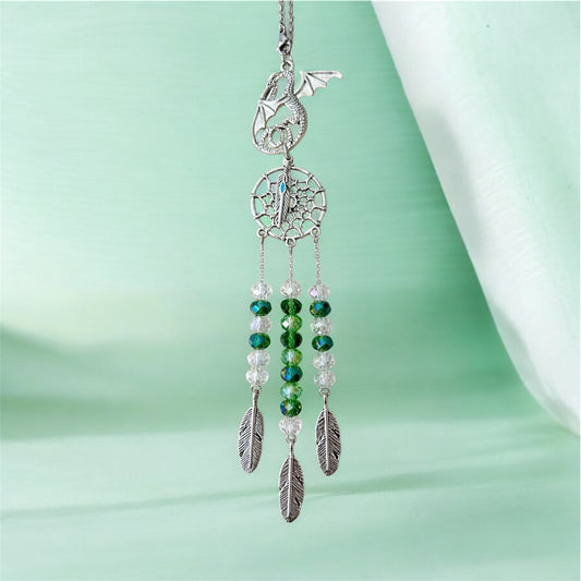 Dragon Dreamcatcher Car Charm - Green Crystal Suncatcher Rearview Mirror Hanging Accessory, Fantasy Boho Protection Ornament