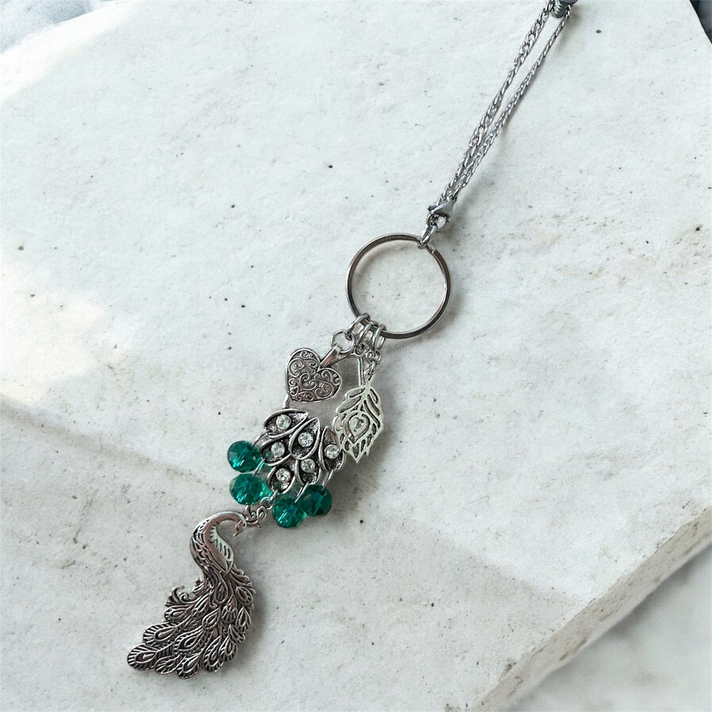 Peacock Car Charm - Emerald Green Rear View Mirror Hanging Ornament - Silver Peacock Jewelry for Car Decor, Home Wall Art & Peacock Lover Gift