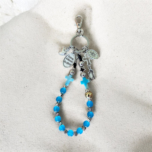 Sacred Heart of Jesus One Decade Rosary Keychain – Blue Glass Prayer Beads for Car & Travel