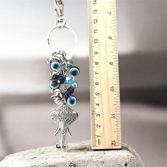 Evil Eye Elephant Keychain – Blue Nazar Protection Charm – Boho Bag Accessory & Good Luck Handbag Charm