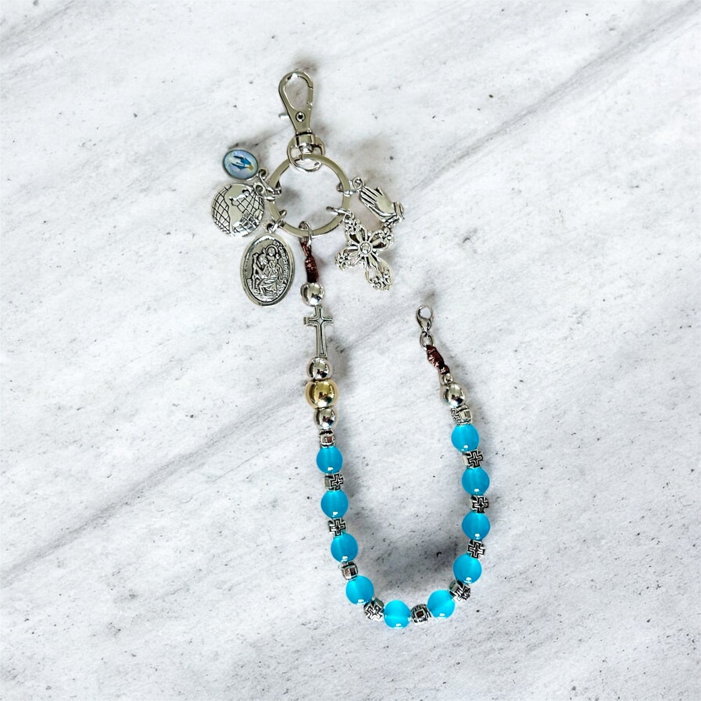 St Christopher & Praying Hands One Decade Rosary Keychain – Blue Cats Eye Prayer Beads – Catholic Travel Chaplet, Religious Protection Gift