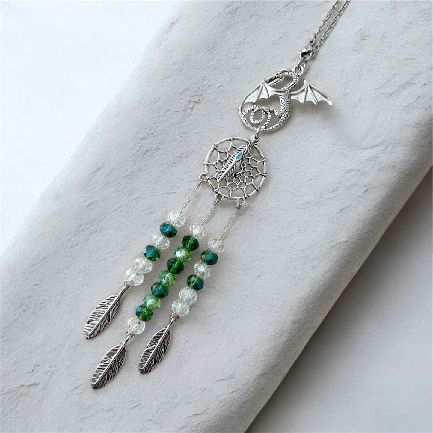 Dragon Dreamcatcher Car Charm - Green Crystal Suncatcher Rearview Mirror Hanging Accessory, Fantasy Boho Protection Ornament