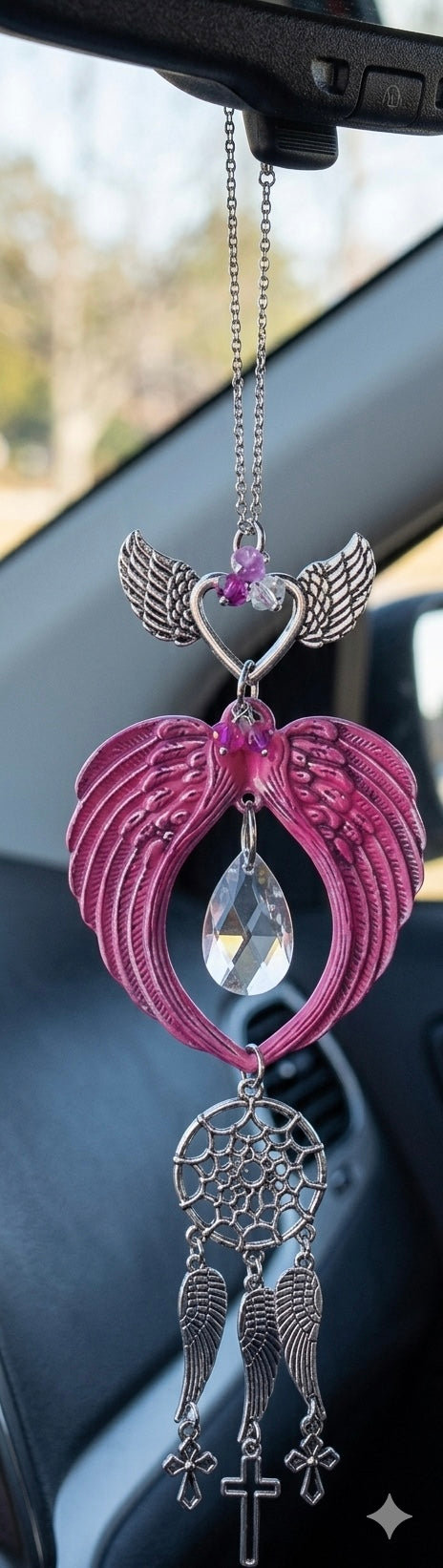 Pink Angel Wing Car Charm with Dreamcatcher & Cross | Rearview Mirror Hanging Ornament | Guardian Angel Crystal Car Decor Gift