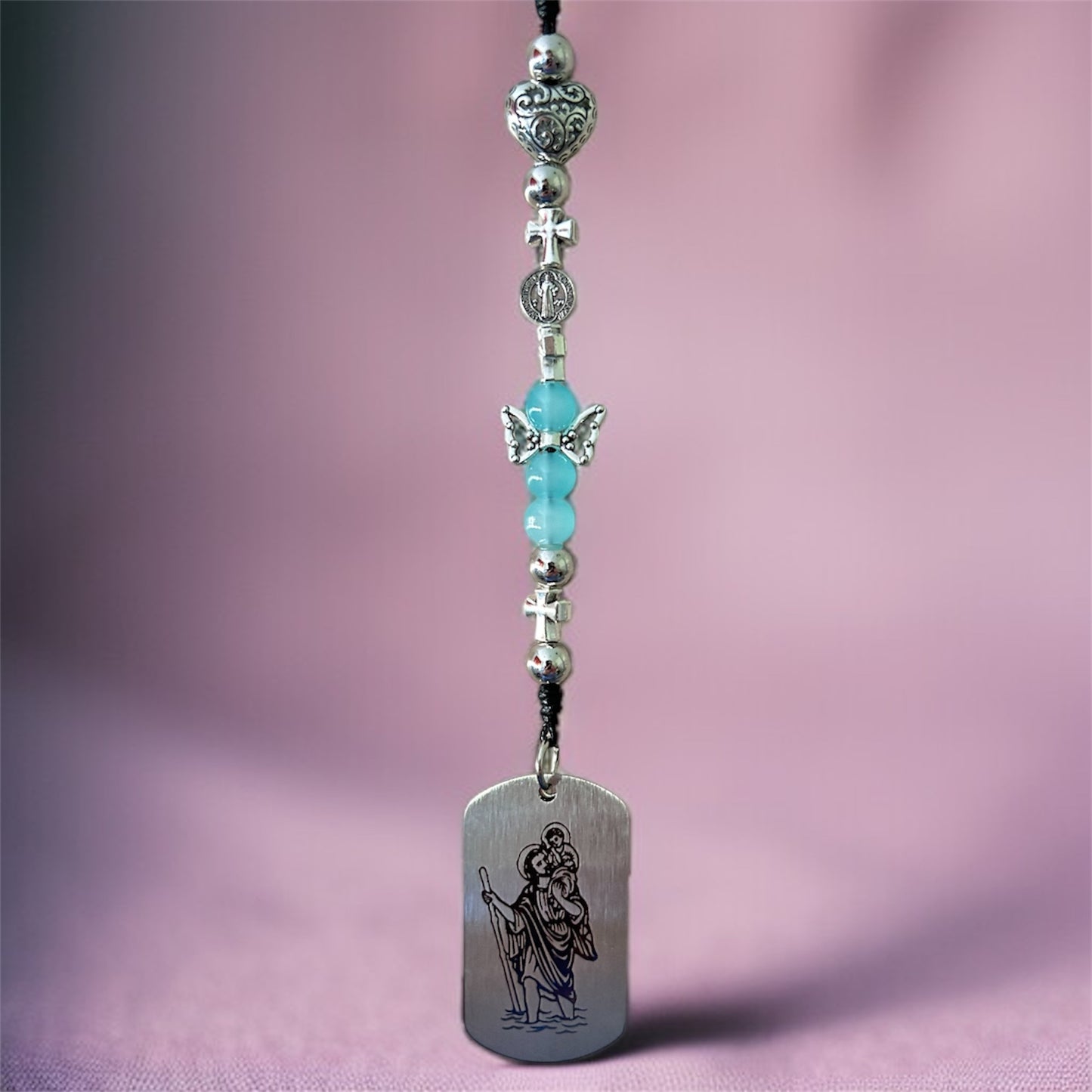 St. Christopher Car Charm - Christian Rear View Mirror Hanging Accessory - Protection & Travel Blessing Jewelry with Blue Angel Beads