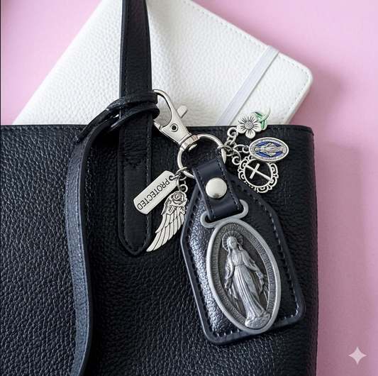 Miraculous Mary Keychain Bag Charm, Protected Wing, Cross & Flower