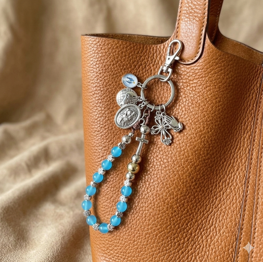 St Christopher & Praying Hands One Decade Rosary Keychain – Blue Cats Eye Prayer Beads – Catholic Travel Chaplet, Religious Protection Gift