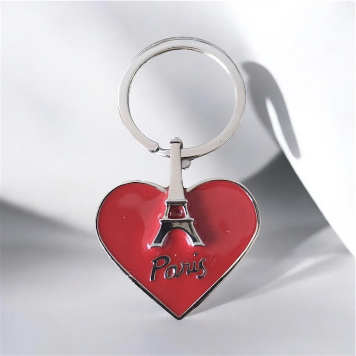 Paris Eiffel Tower Heart Keychain β Red Enamel Bag Charm & Souvenir Gift β Double-Sided Metal Keyring