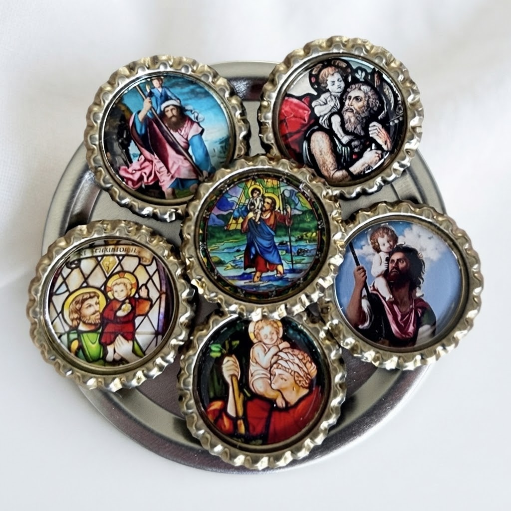 St Christopher Bottle Cap Magnets Set of 6 - Patron Saint of Travelers Gifts, Catholic Art, Traveler Protector Charm Unique Catholic Gifts