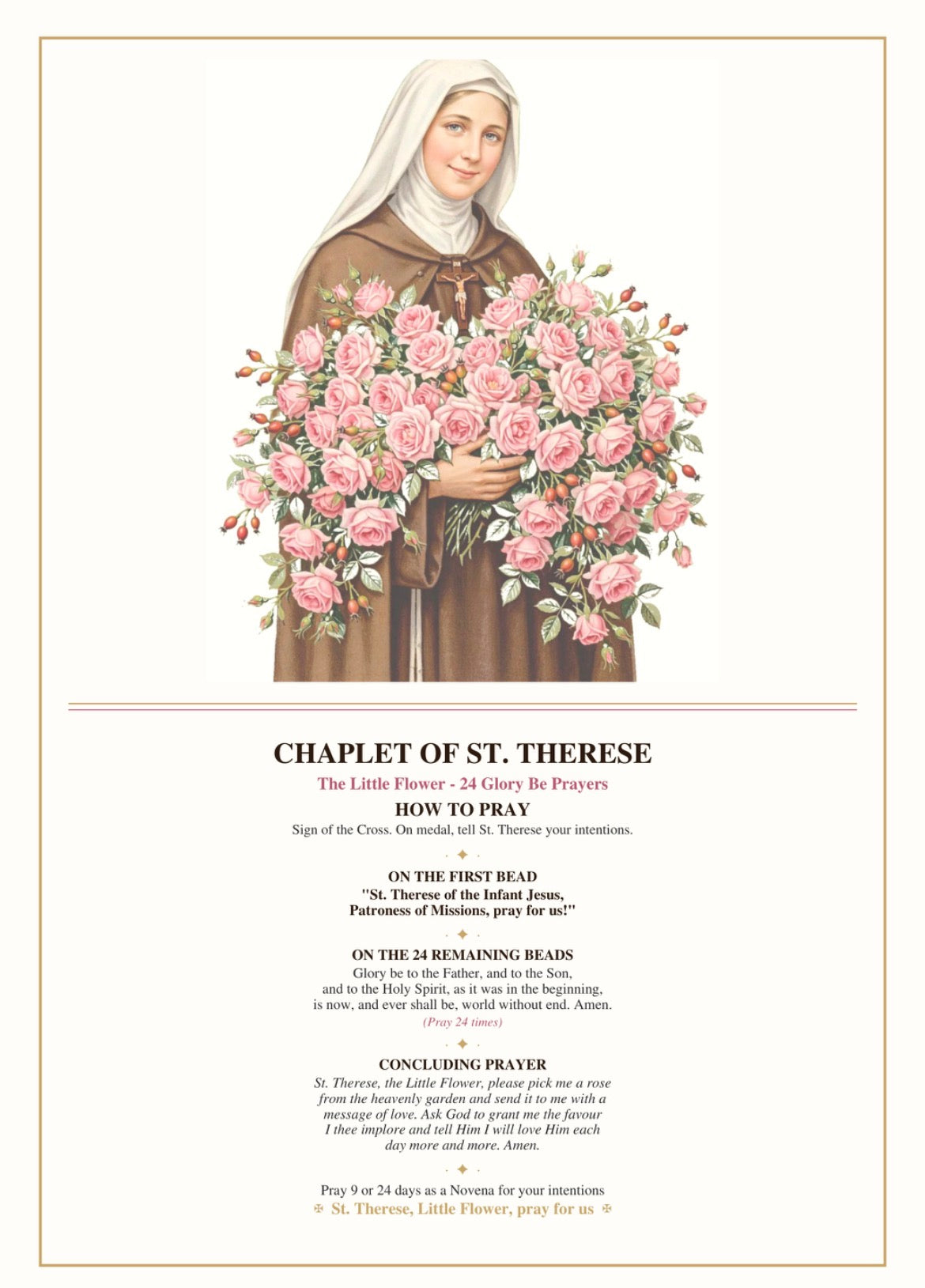 Chaplet of St Therese Printable - The Little Flower 24 Glory Be - Catholic Holy Card - A4 + US Letter PDF - Multi-Size