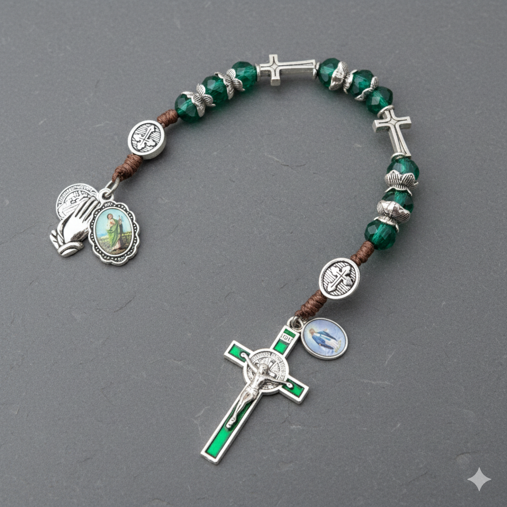 St. Jude Thaddeus Nine-Bead Novena Rosary – Green Crystal Pocket Rosary for Impossible Causes – Catholic Patron of Hope Chaplet with St. Benedict Crucifix