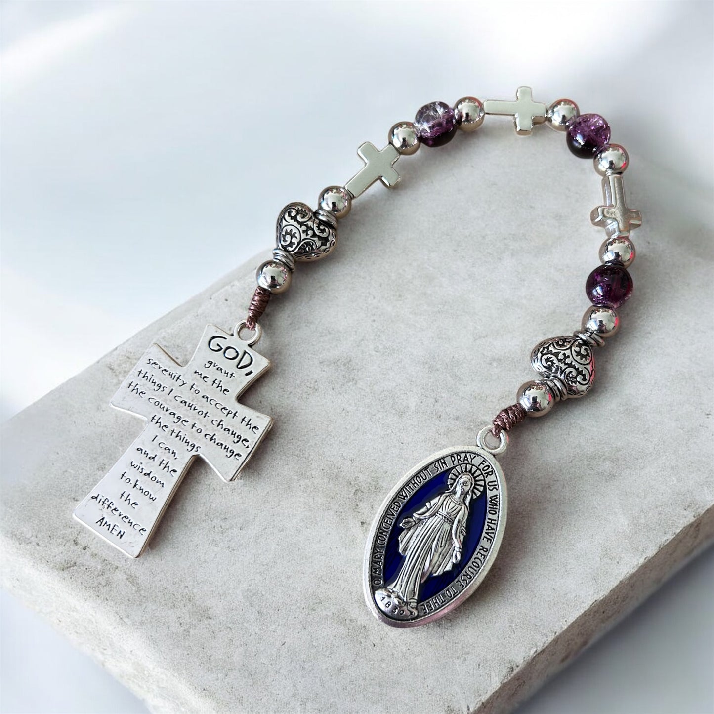 Miraculous Medal 3 Hail Mary Chaplet - Serenity Prayer Cross Pocket Prayer Beads - Purple Glass & Silver Devotional Gift