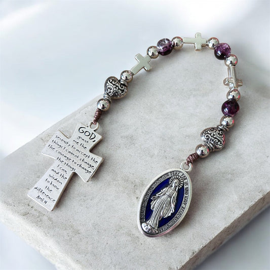Miraculous Medal 3 Hail Mary Chaplet - Serenity Prayer Cross Pocket Prayer Beads - Purple Glass & Silver Devotional Gift