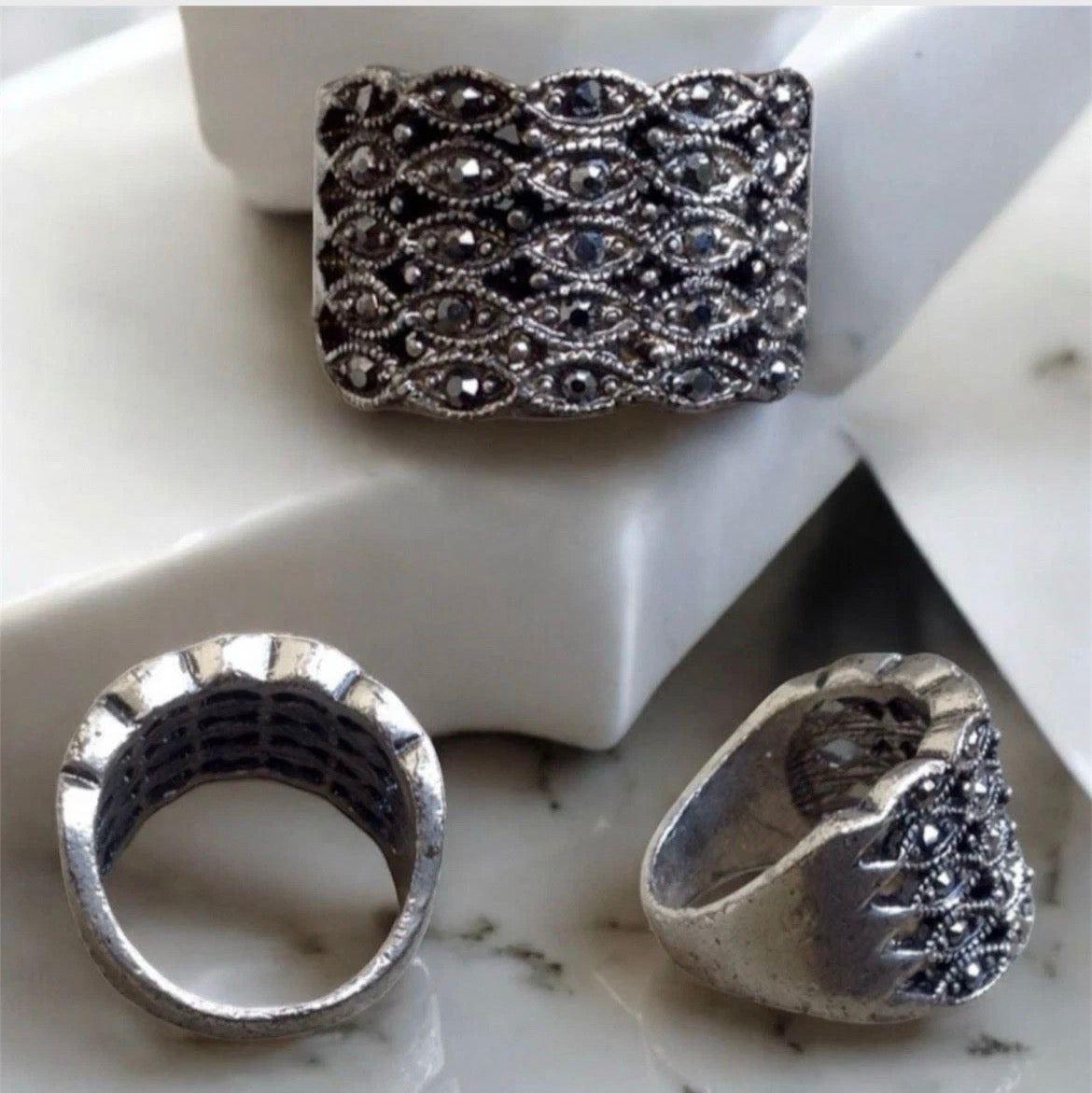Art Deco Gunmetal Rhinestone Ring - Vintage Style Rustic Wide Band Ring- Unpolished