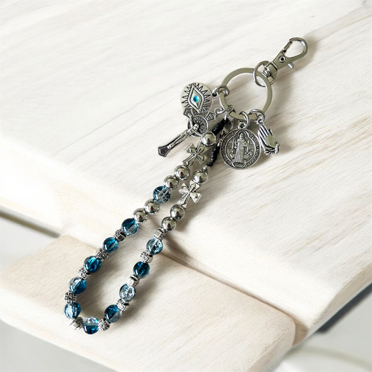 St. Benedict Rosary Keychain – Patron Saint of Students and Europe – Blue Beads