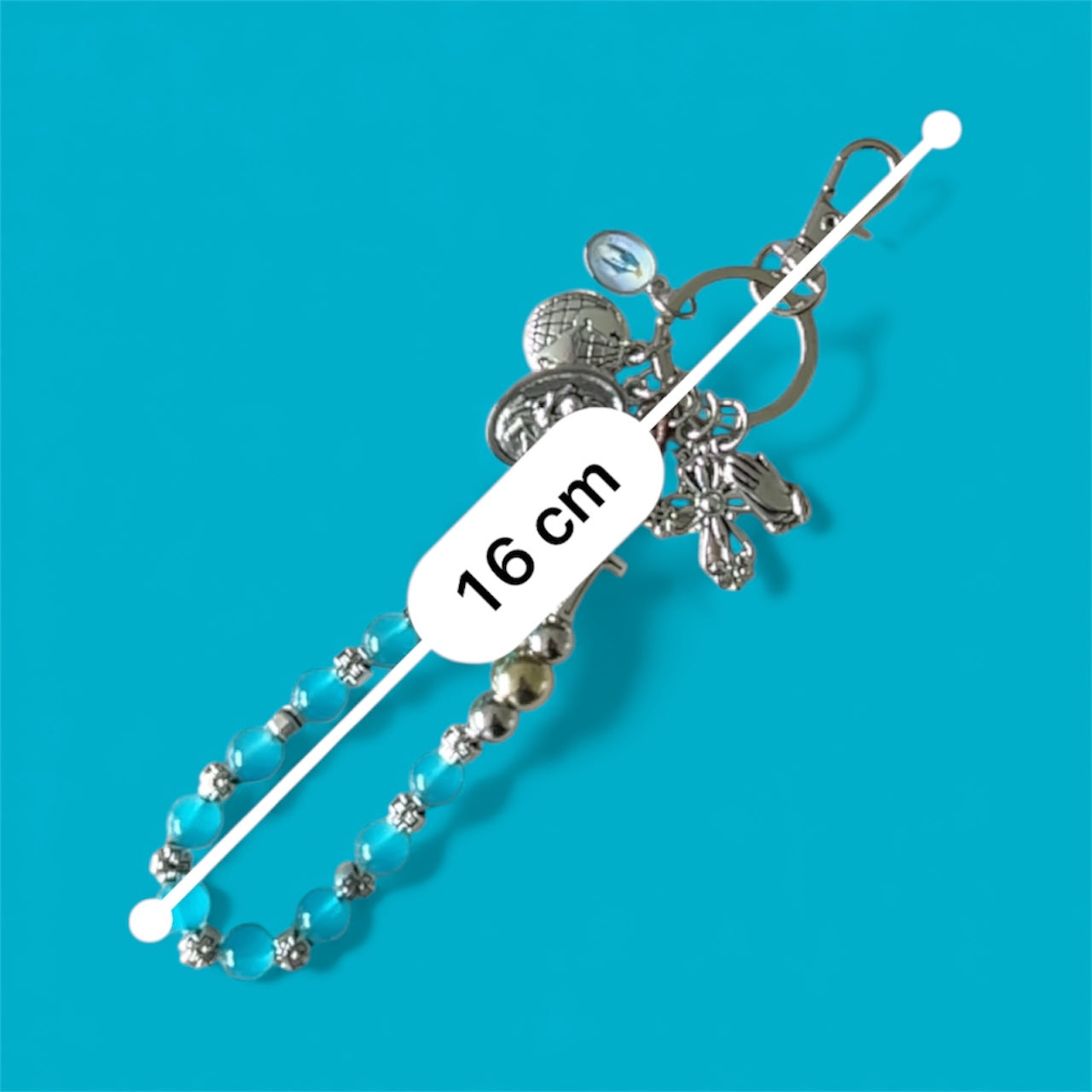 St Christopher & Praying Hands One Decade Rosary Keychain – Blue Cats Eye Prayer Beads – Catholic Travel Chaplet, Religious Protection Gift