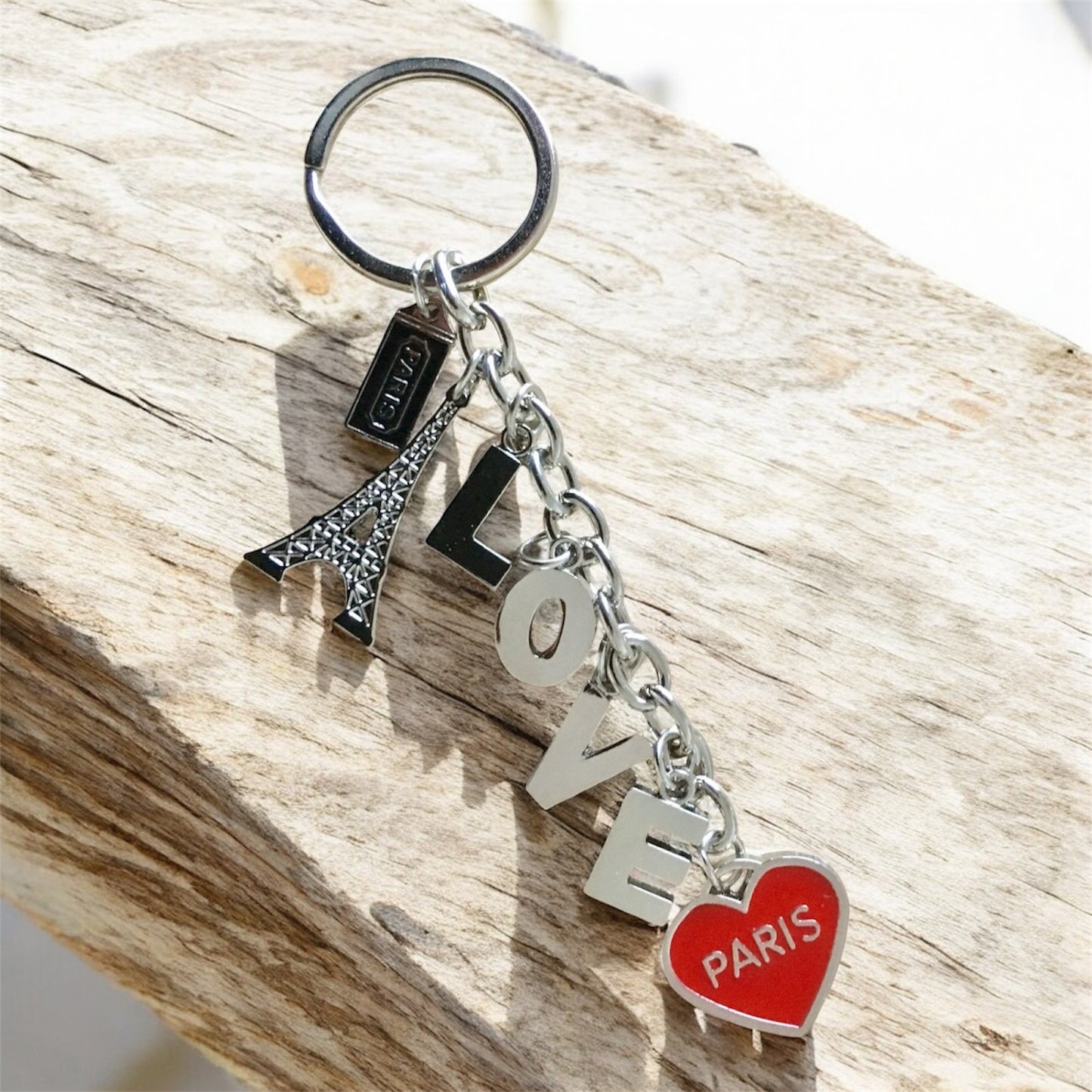 Paris Love Keychain - Eiffel Tower Charm with Red Heart & Letter Charms - French Souvenir Keyring, Romantic Gift for Her, Travel Keepsake