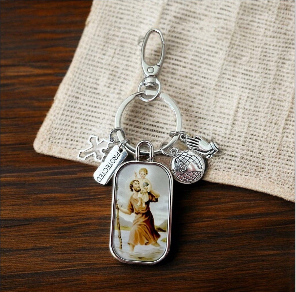 St Christopher Keychain Double-Sided Photo – Catholic Travel Protection Keyring with Charms, Religious Bag Charm, Christian Gift for Him Her, Patron Saint Medal