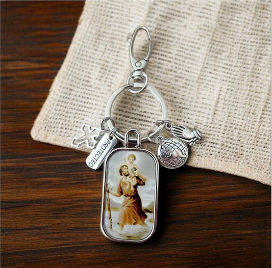 St Christopher Keychain Double-Sided Photo – Catholic Travel Protection Keyring with Charms, Religious Bag Charm, Christian Gift for Him Her, Patron Saint Medal