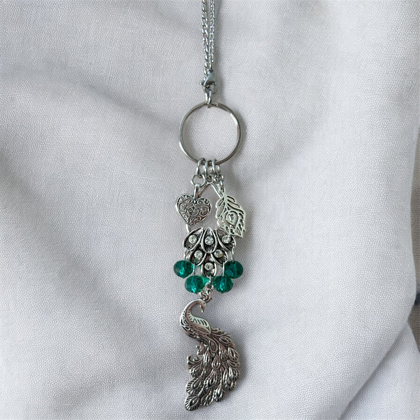 Peacock Car Charm - Emerald Green Rear View Mirror Hanging Ornament - Silver Peacock Jewelry for Car Decor, Home Wall Art & Peacock Lover Gift