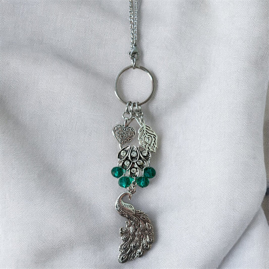 Peacock Car Charm - Emerald Green Rear View Mirror Hanging Ornament - Silver Peacock Jewelry for Car Decor, Home Wall Art & Peacock Lover Gift