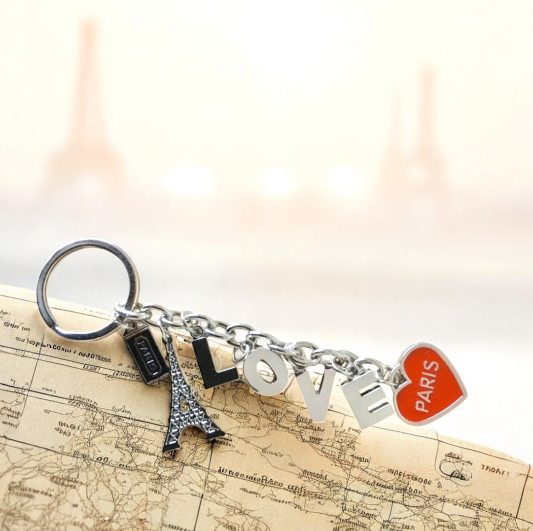 Paris Love Keychain - Eiffel Tower Charm with Red Heart & Letter Charms - French Souvenir Keyring, Romantic Gift for Her, Travel Keepsake