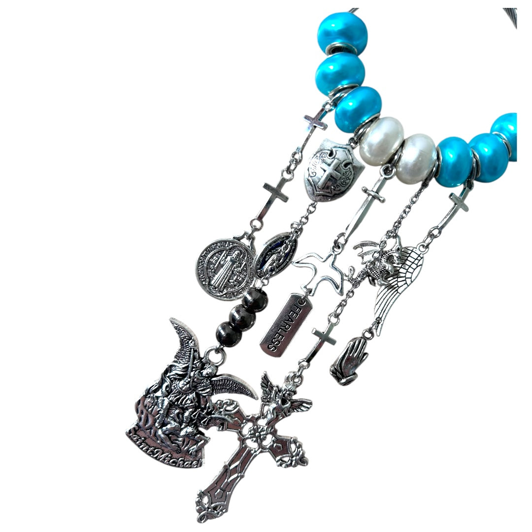 St. Michael the Archangel Door Hanger – Spiritual Home Protection Decor with Blue Beads, Crucifix & Fearless Charm