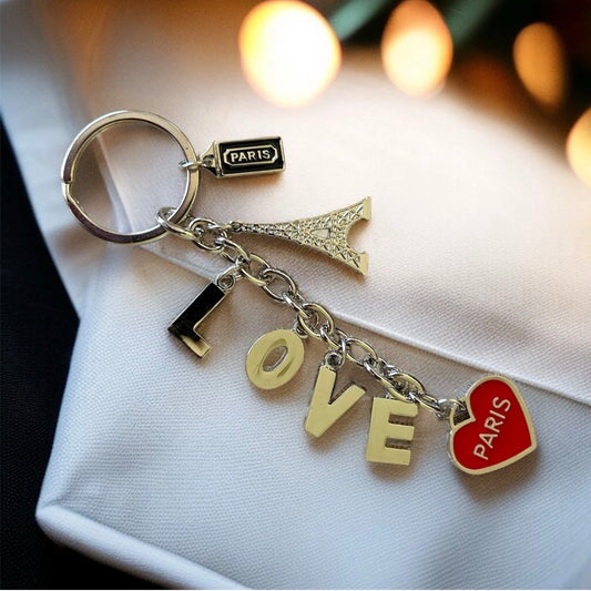 Paris Love Keychain - Eiffel Tower Charm with Red Heart & Letter Charms - French Souvenir Keyring, Romantic Gift for Her, Travel Keepsake