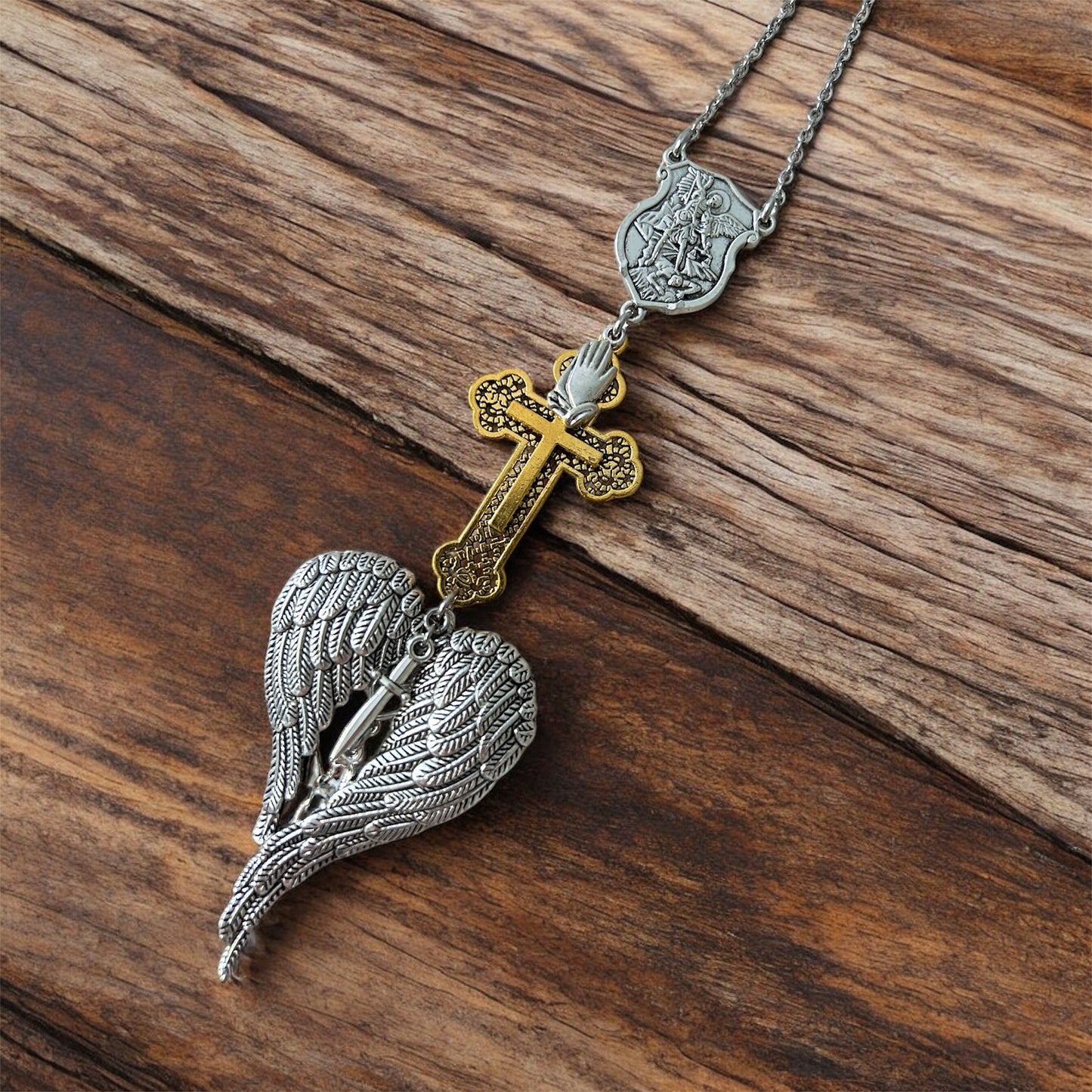 St. Michael Archangel Car Charm – Religious Rearview Mirror Hanging Ornament – Protection Cross & Angel Wings Pendant