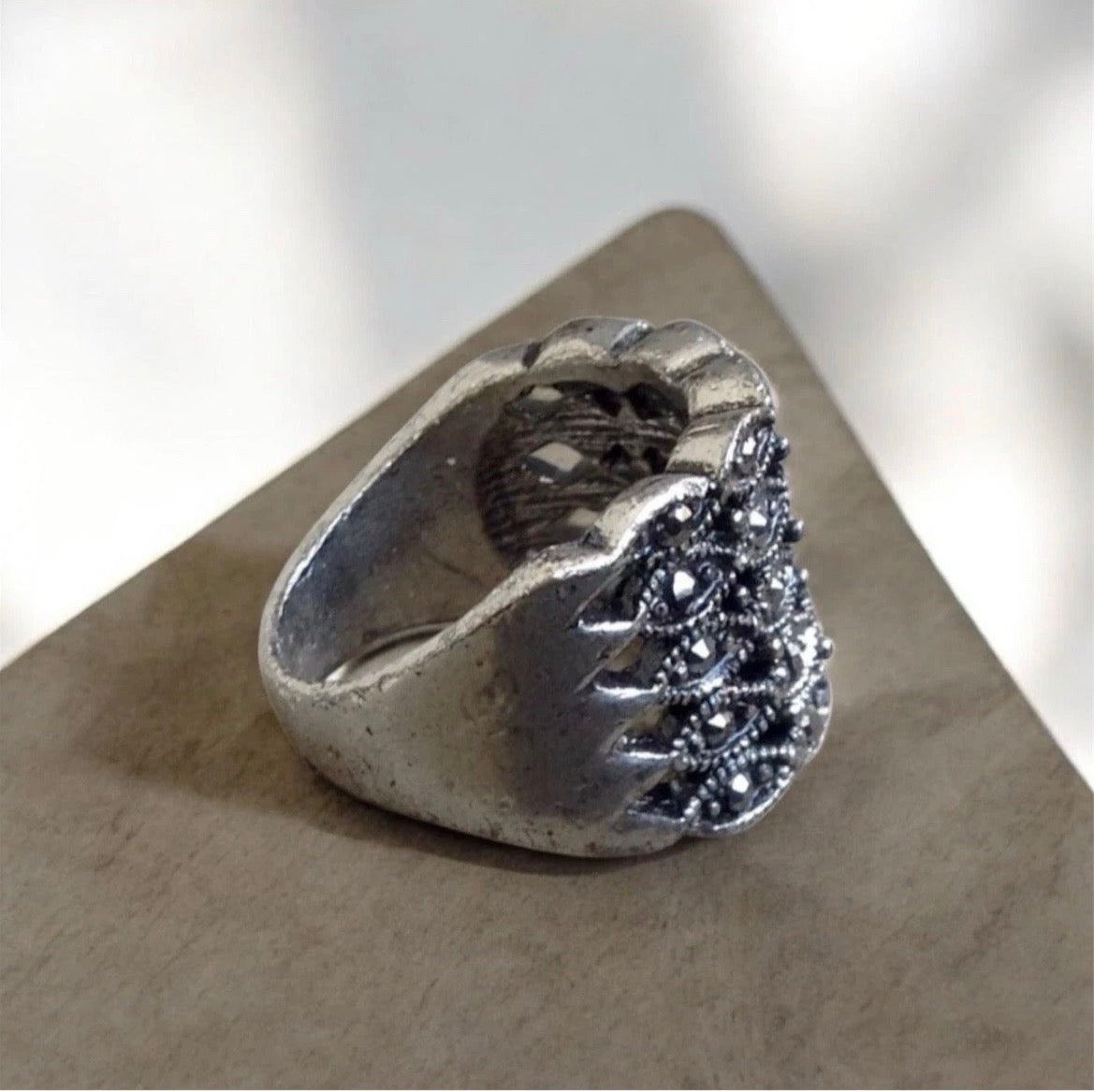 Art Deco Gunmetal Rhinestone Ring - Vintage Style Rustic Wide Band Ring- Unpolished