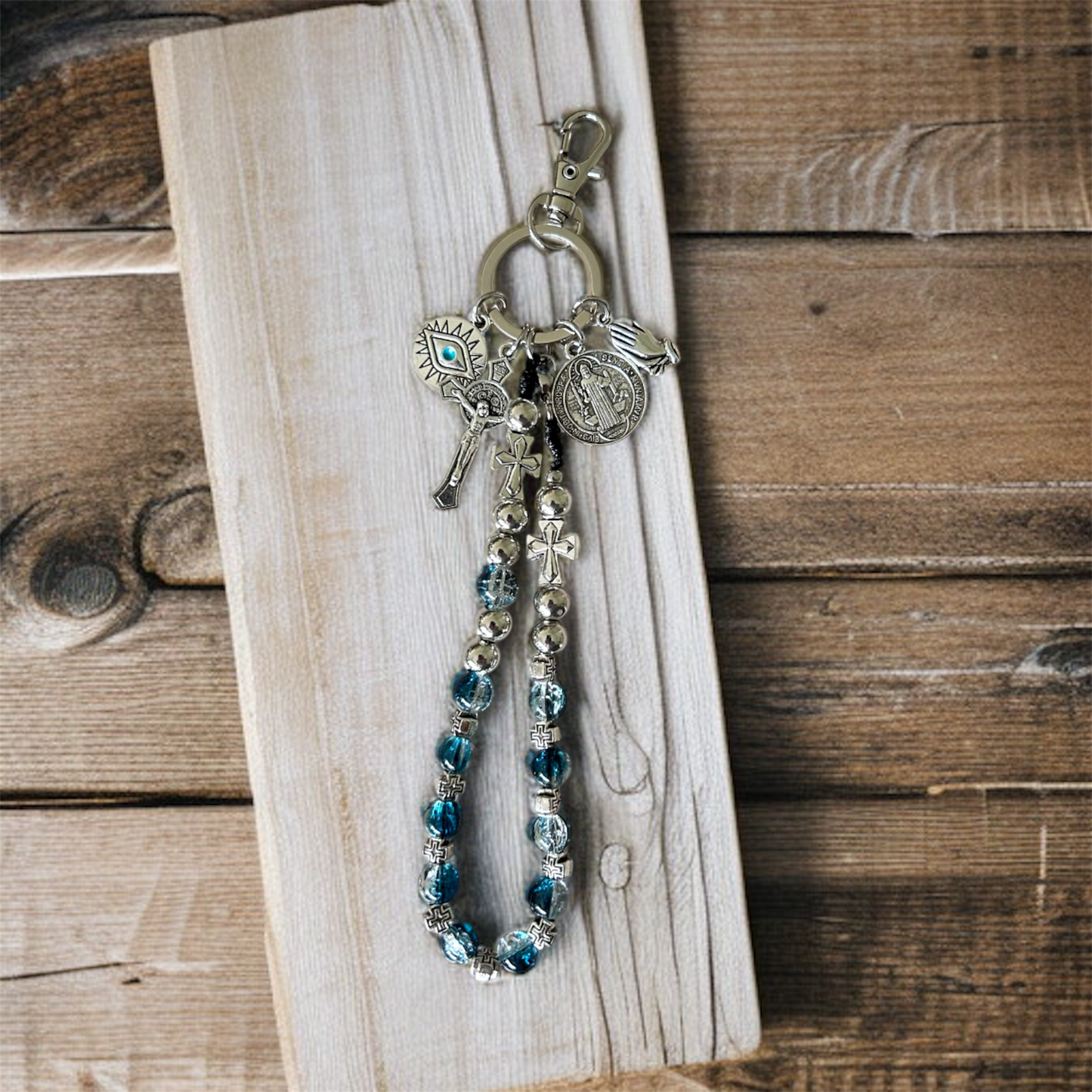 St. Benedict Rosary Keychain – Patron Saint of Students and Europe – Blue Beads