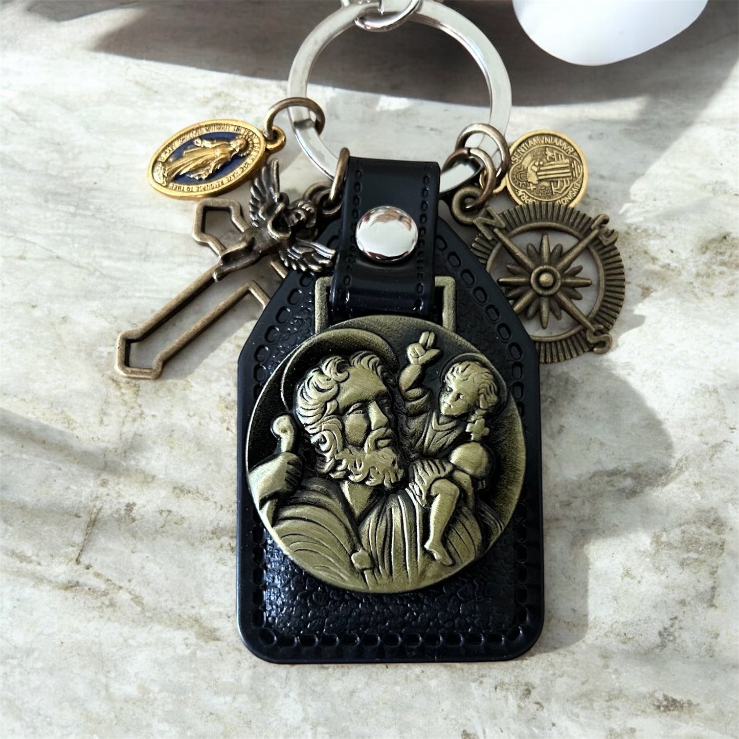 St Christopher Faux Leather Keychain & Compass Bag Charm - Antique Bronze Religious Travel Medallion
