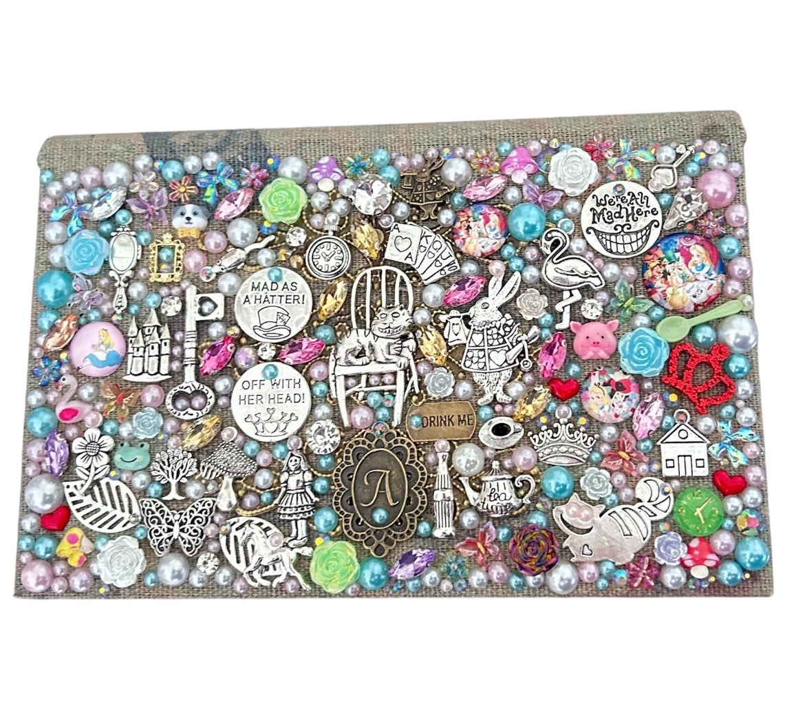 Alice in Wonderland Trinket Book Box - Whimsical Decoupage Jewelry Box with 3D Charms, Mad Hatter Inspired Keepsake, Magical Fairytale Decor