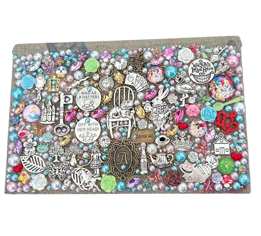 Alice in Wonderland Trinket Book Box - Whimsical Decoupage Jewelry Box with 3D Charms, Mad Hatter Inspired Keepsake, Magical Fairytale Decor