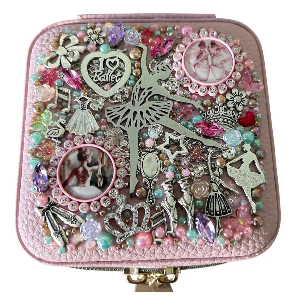 Ballerina Jewelry Box Pink Faux Leather Travel Case – Ballet Trinket Organizer with Charms, Dancer Gift, Girls Jewelry Storage, Portable Keepsake Box