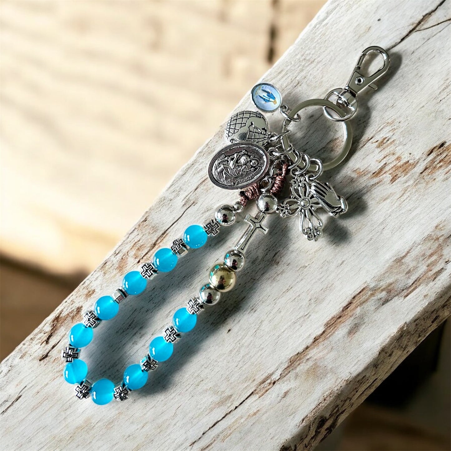 St Christopher & Praying Hands One Decade Rosary Keychain – Blue Cats Eye Prayer Beads – Catholic Travel Chaplet, Religious Protection Gift
