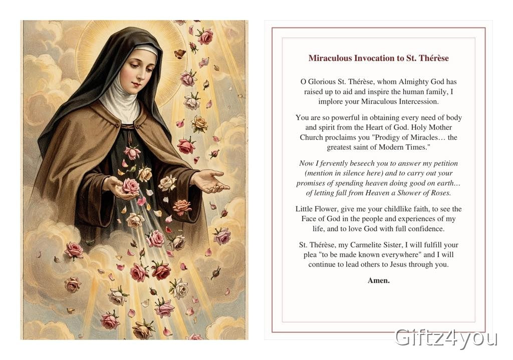 St Therese Prayer Cards Set of 3 | Novena Rose Prayer | Miraculous Invocation | Feast Day Novena | Little Flower Printable | Catholic Gift