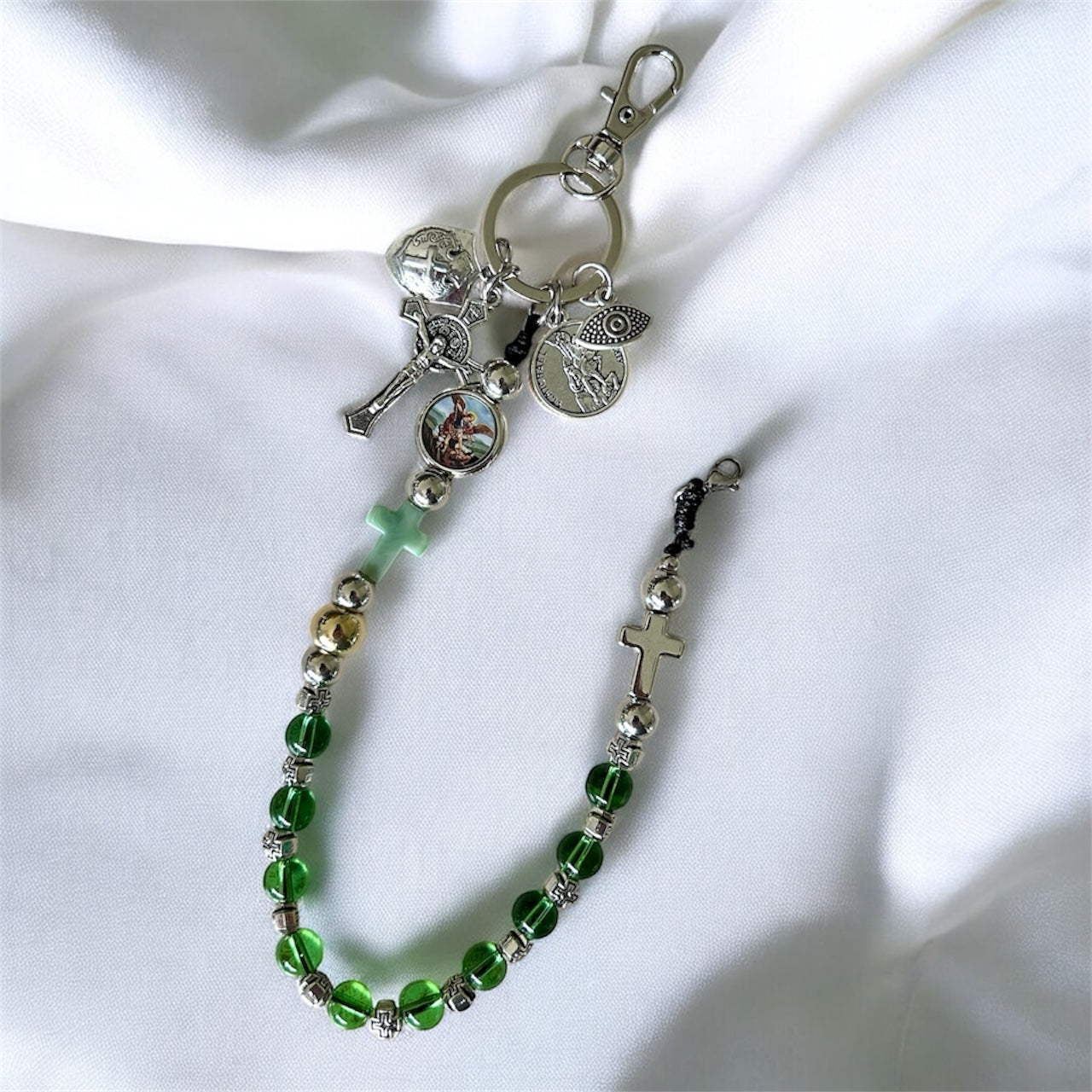 St Michael Archangel Rosary Keychain Green Bead Catholic Charm