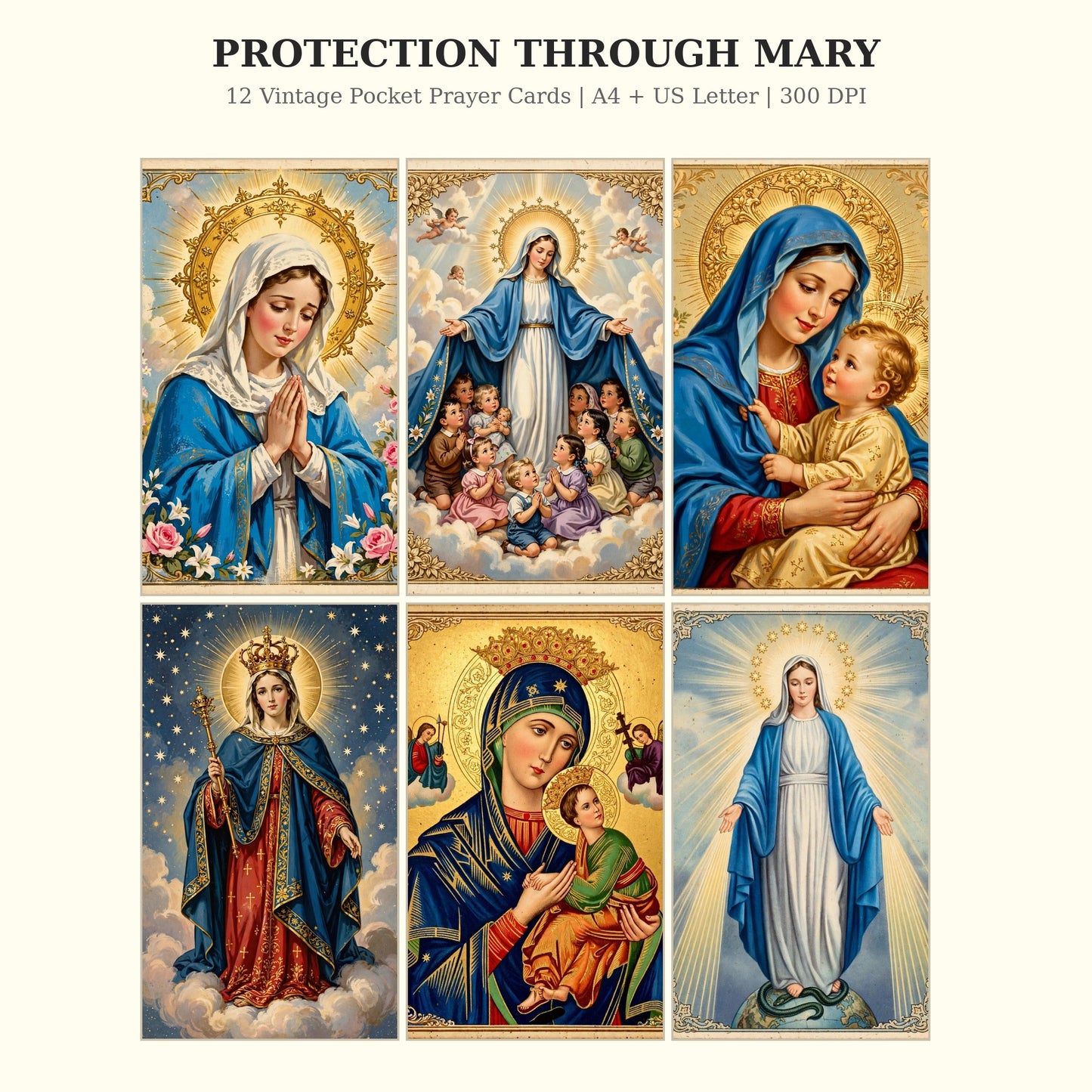 Protection Through Mary Prayer Cards | 12 Vintage Catholic Pocket Cards | A4 + US Letter | Printable Marian Protection Bundle 300 DPI