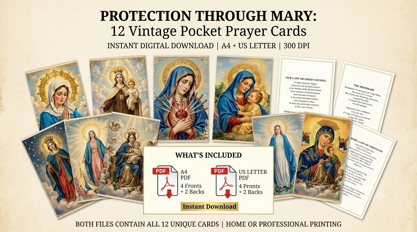Protection Through Mary Prayer Cards | 12 Vintage Catholic Pocket Cards | A4 + US Letter | Printable Marian Protection Bundle 300 DPI