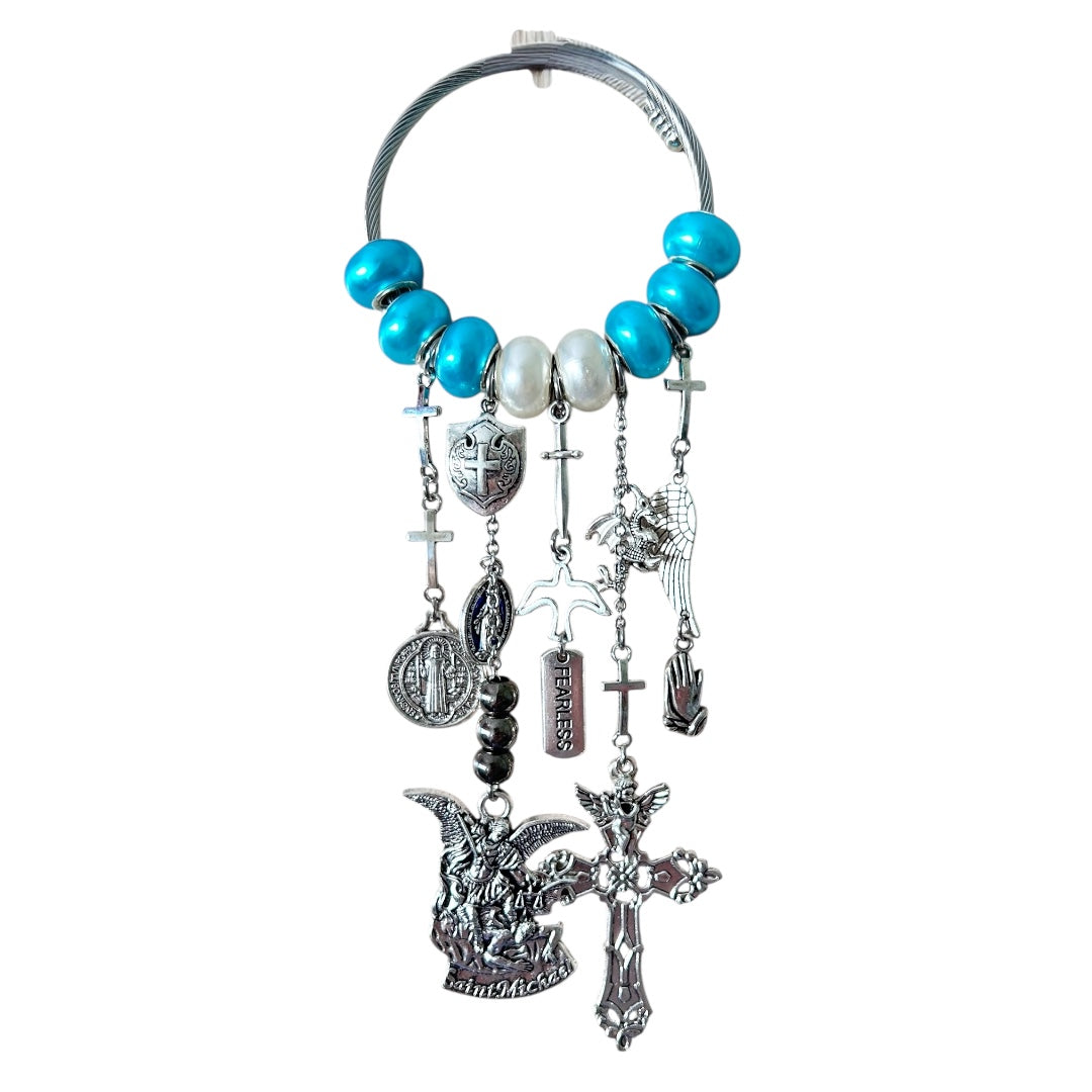 St. Michael the Archangel Door Hanger – Spiritual Home Protection Decor with Blue Beads, Crucifix & Fearless Charm