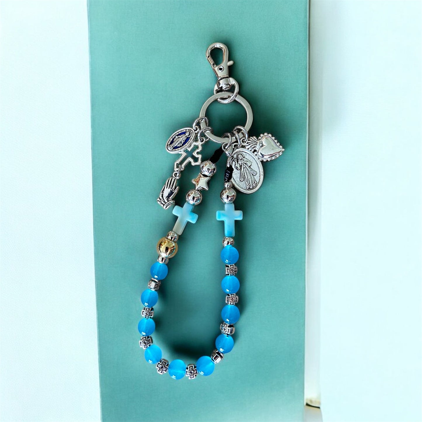 Sacred Heart of Jesus One Decade Rosary Keychain – Blue Glass Prayer Beads for Car & Travel