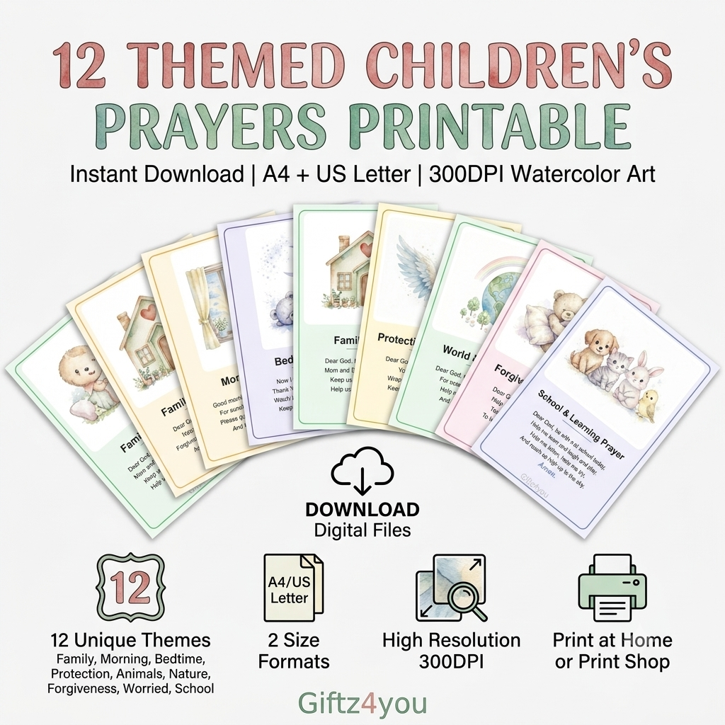 12 Themed Children's Prayers Printable | A4 + US Letter | 300DPI Watercolor | Instant Download