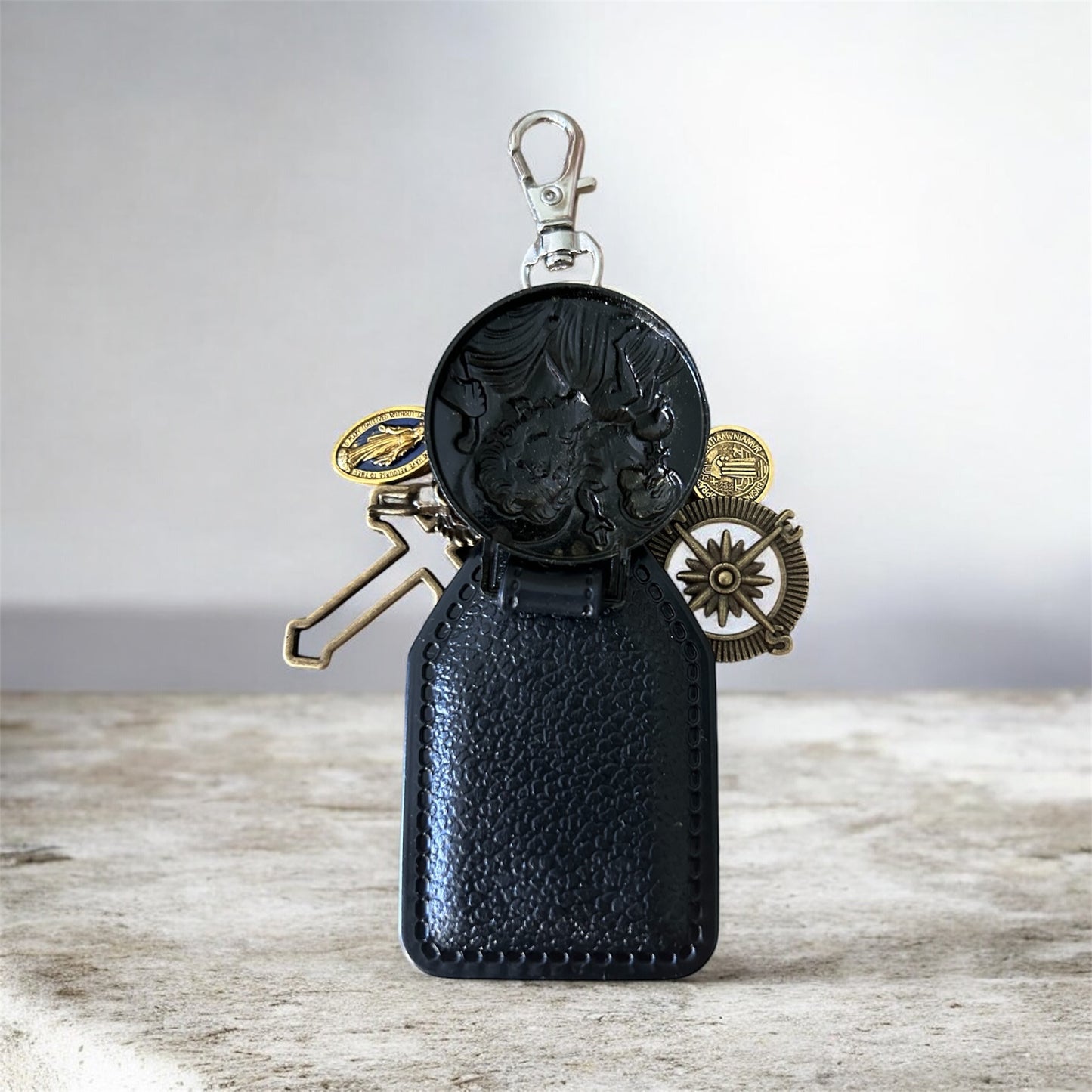 St Christopher Faux Leather Keychain & Compass Bag Charm - Antique Bronze Religious Travel Medallion