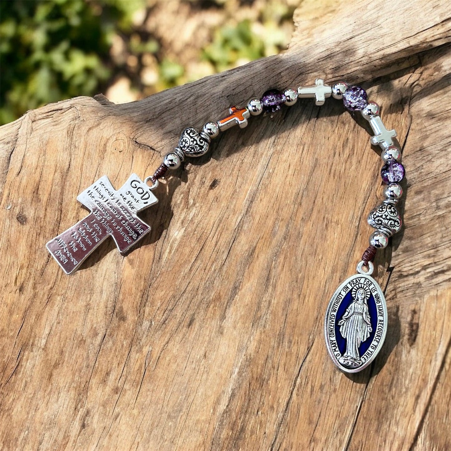 Miraculous Medal 3 Hail Mary Chaplet - Serenity Prayer Cross Pocket Prayer Beads - Purple Glass & Silver Devotional Gift
