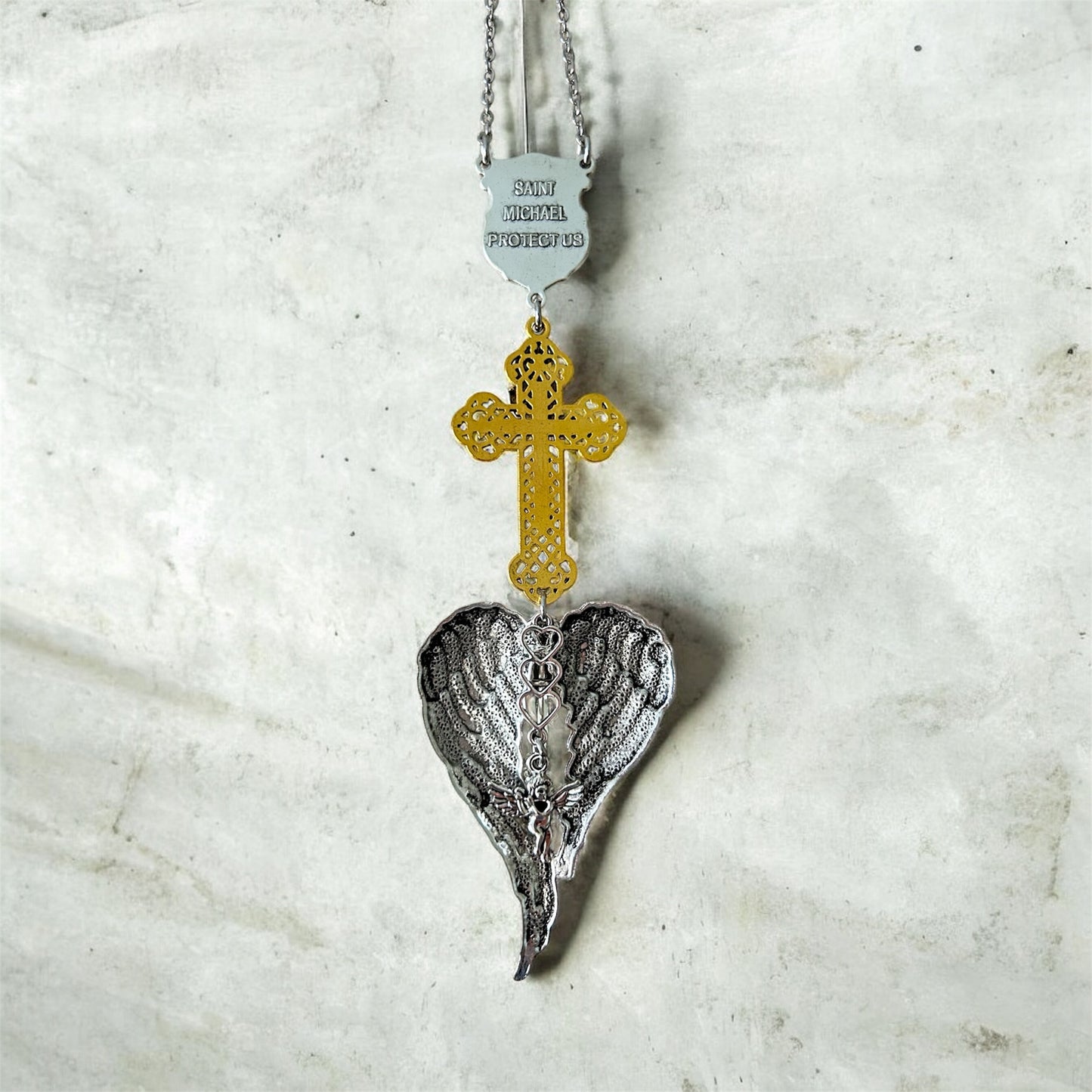 St. Michael Archangel Car Charm – Religious Rearview Mirror Hanging Ornament – Protection Cross & Angel Wings Pendant